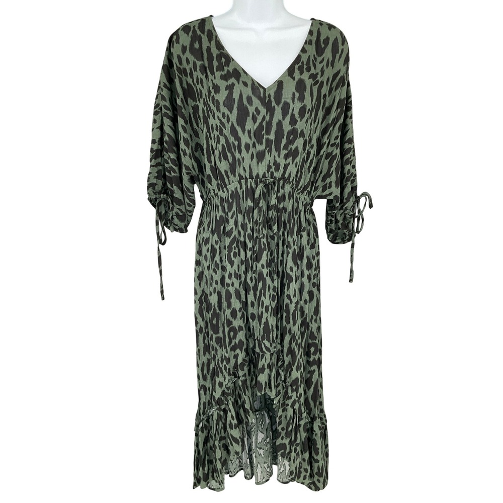Umgee Midi Dress Sz M Animal Print Drawstring Tie 3/4 Sleeve Hi Lo Hem Bohemian